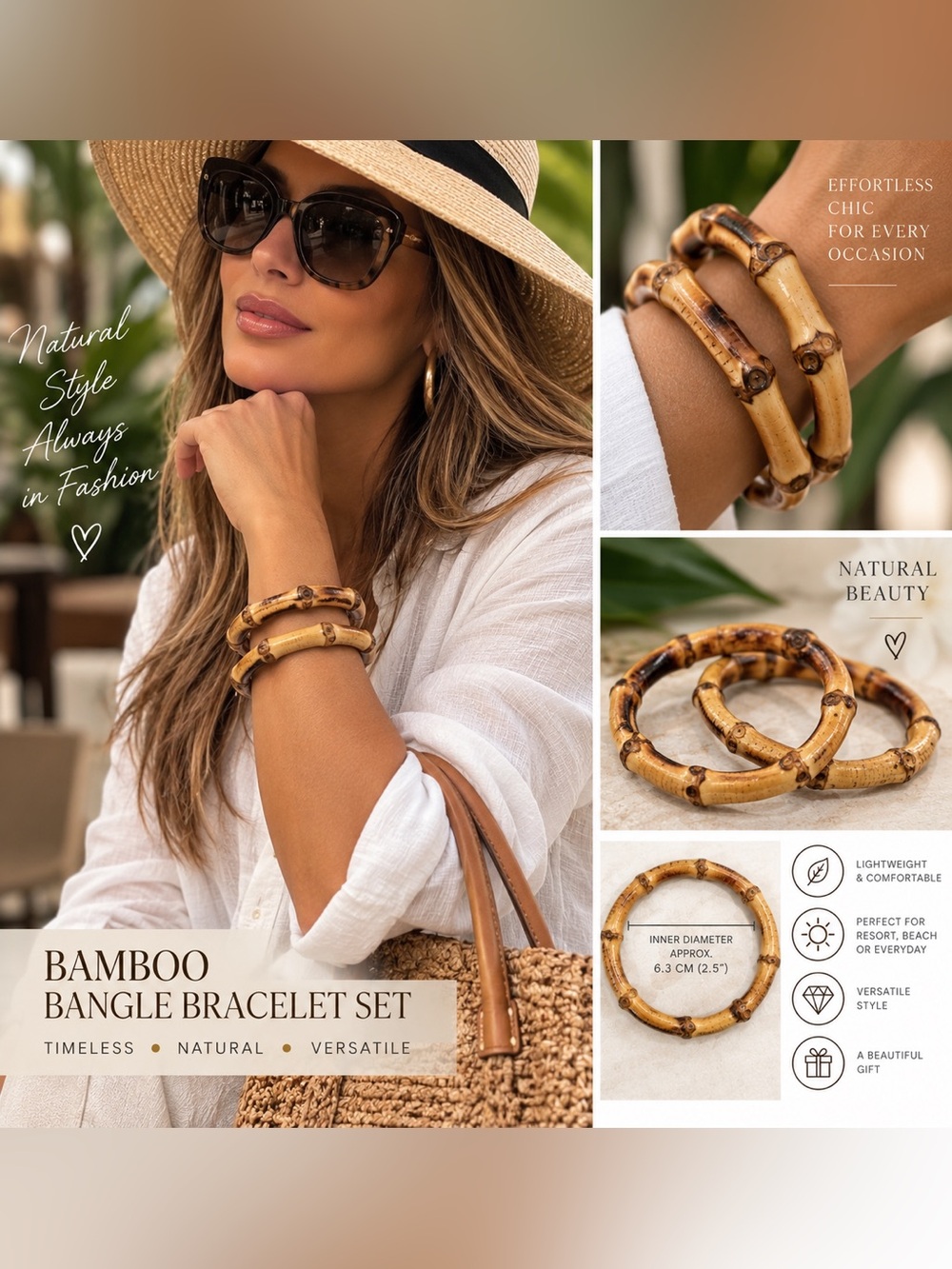 BAMBOO Natural Brown Bamboo Bangle Bracelet Set